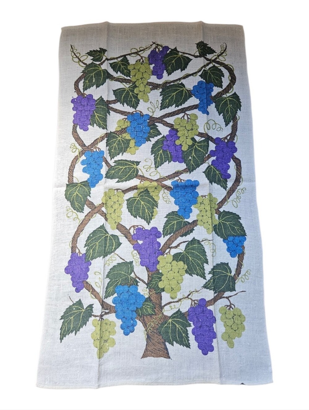 Vintage Kay Dee Hand Prints Pure Linen Tea Towel Lois Long Grape Arbor Design